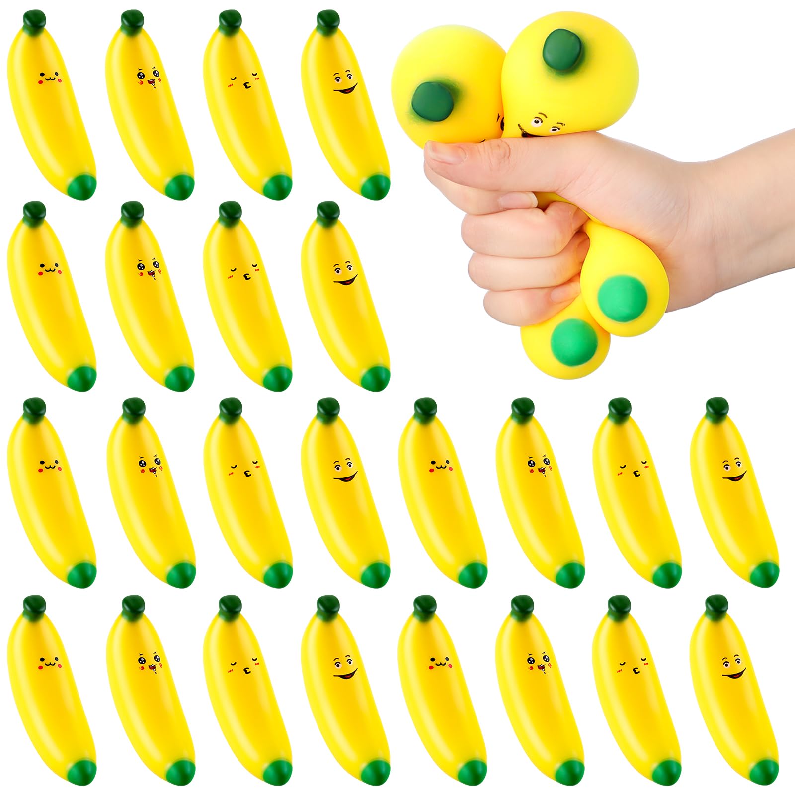 Meooeck 24 Pcs Banana Stress Balls for Adults Mini Banana Stretchy Fidget Ball Fake Fruit Squeeze Balls for Easter Basket Stuffer Easter Egg Filler Party Gift ADHD Autism Anxiety