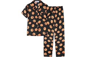UNICABBIT21 Black Pumpkin Halloween Satin Pajamas for Big Girls Silk Button Down Short Sleeve & Pants PJS 2PCS Size 8-16