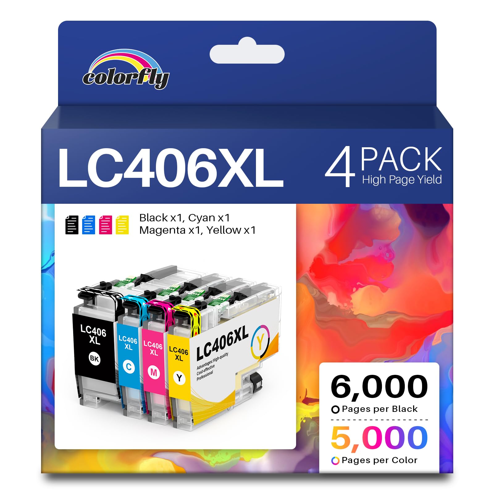 Photo 1 of colorfly LC406XL High Yield Ink Cartridges for Brother Printer LC406 Ink Cartridges LC406XL LC 406 XL use with Brother MFC-J4335DW MFC-J5855DW MFC-J5855DW MFC-J6955DW Printer (4 Pack BK/C/M/Y)