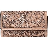 Merbaa Hantooled Leather Wallet RFID Blocking, Trifold Ladies Purse, Flower Handtooled and Carved long Clutch, 1 Back Zip pocket, Wallet For Women (Light brown)