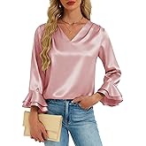 Womens Satin Silk Blouses 3/4 Sleeves Ruffle Shirts Dressy Business Casual Tops V Neck Pleated Elegant Work Office Wear