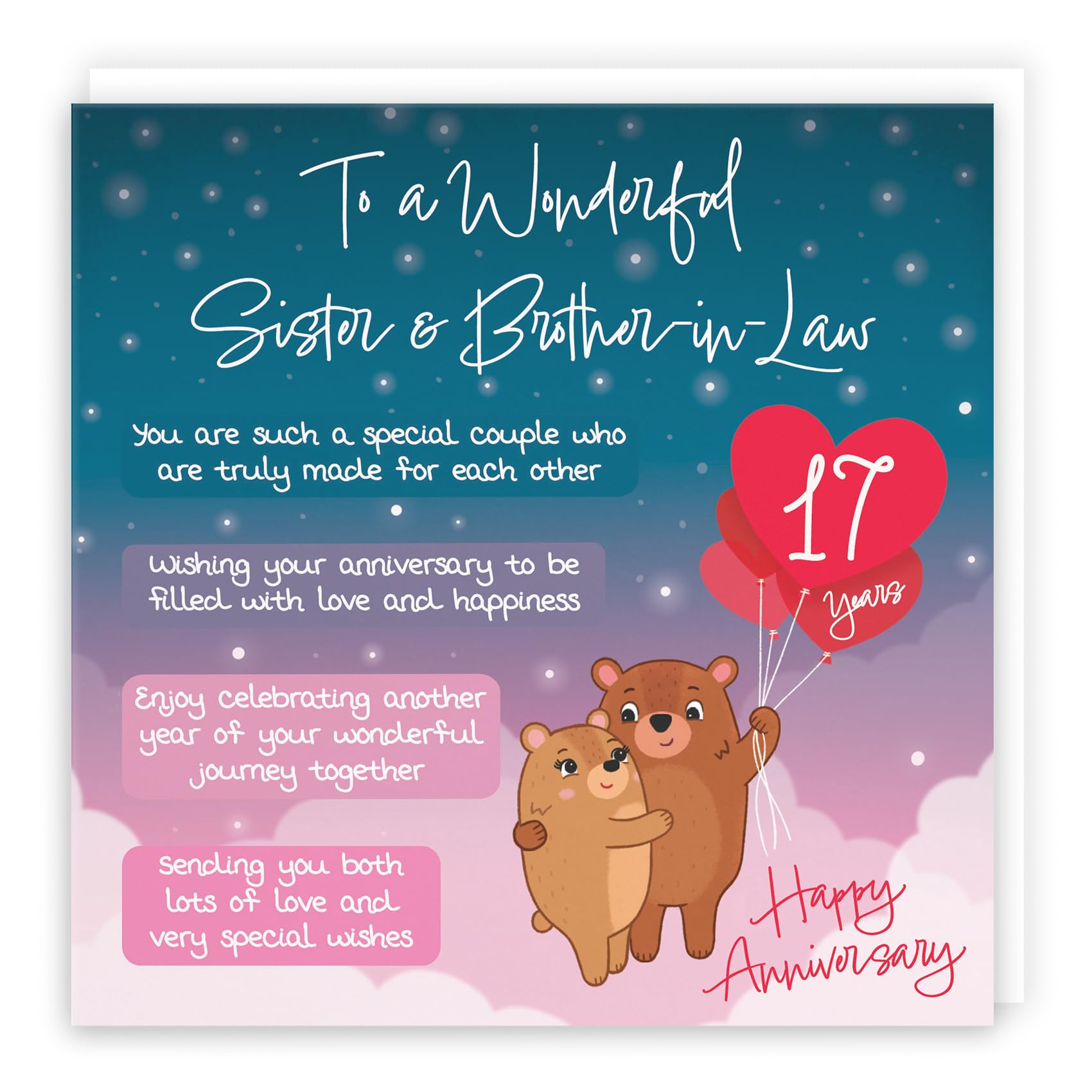 Hunts England - Sister And Brother In Law 17th Anniversary Card - Starry Night - Cute Bears - Verse 17th Anniversary Card For Sister And Brother-in-Law - Sister And Brother-in-Law Anniversary Card