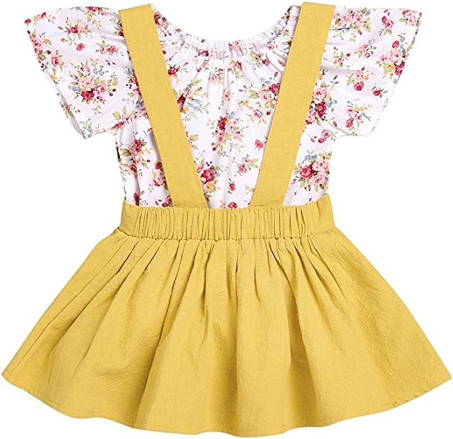 Toddler Baby Girl Dress Floral Rompers Strap Skirt Overall Outfits Clothes (Yellow, 6-12 Month)