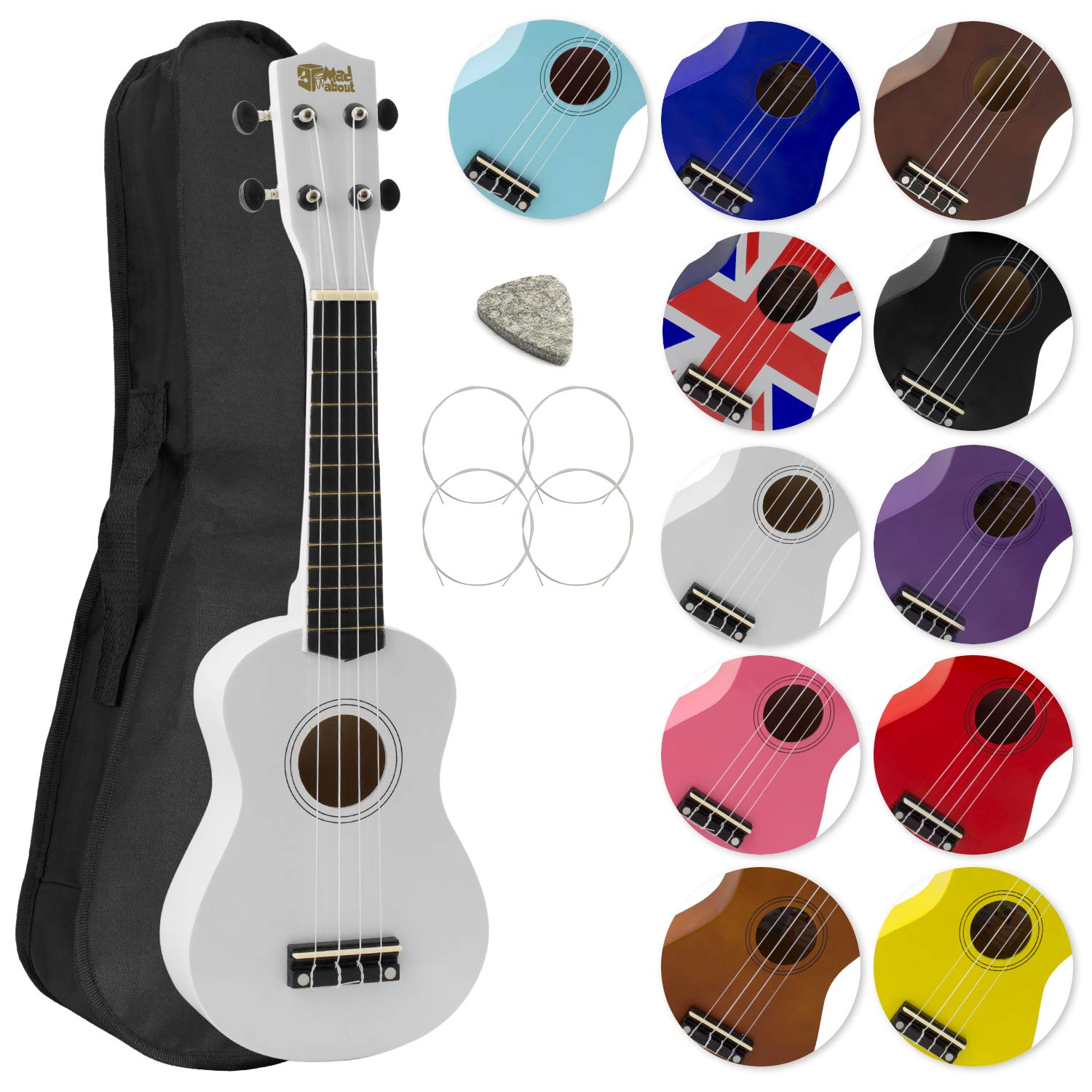 Mad About SU8 Soprano Ukulele with FREE Gig Bag, Pick, and Spare Strings – Great for Schools and Beginners, Now With Carbon Black Strings for Improved Tuning - White