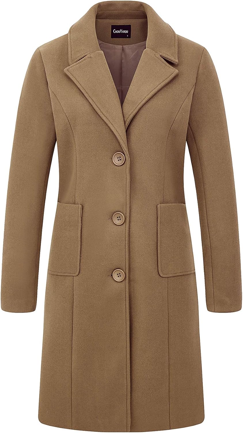 chouyatou Women's Big Notch Lapel Single Breasted Mid-Long Wool Blend Coat