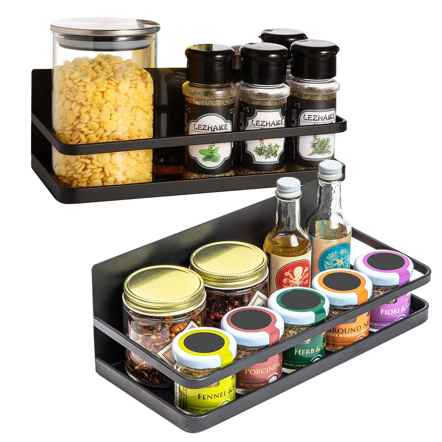 LUOOV 2-Pack Magnetic Spice Rack for Fridge, Wall Mounted Seasoning Organiser Rack, Condiment Storage Holder, Black