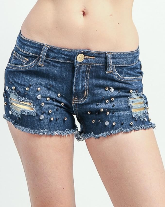 MOD 20 Women's Ripped Gem Embellished Denim Shorts Denim Medium 1(SH401