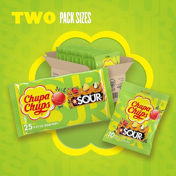 CHUPA CHUPS SOUR LOLLIPOPS, VARIETY PACK, LEMON, STRAWBERY & APPLE FLAVORED, INDIVIDUALLY WRAPPED BULK SOUR CANDY SUCKERS FOR ADULTS & KIDS, BAG OF 25