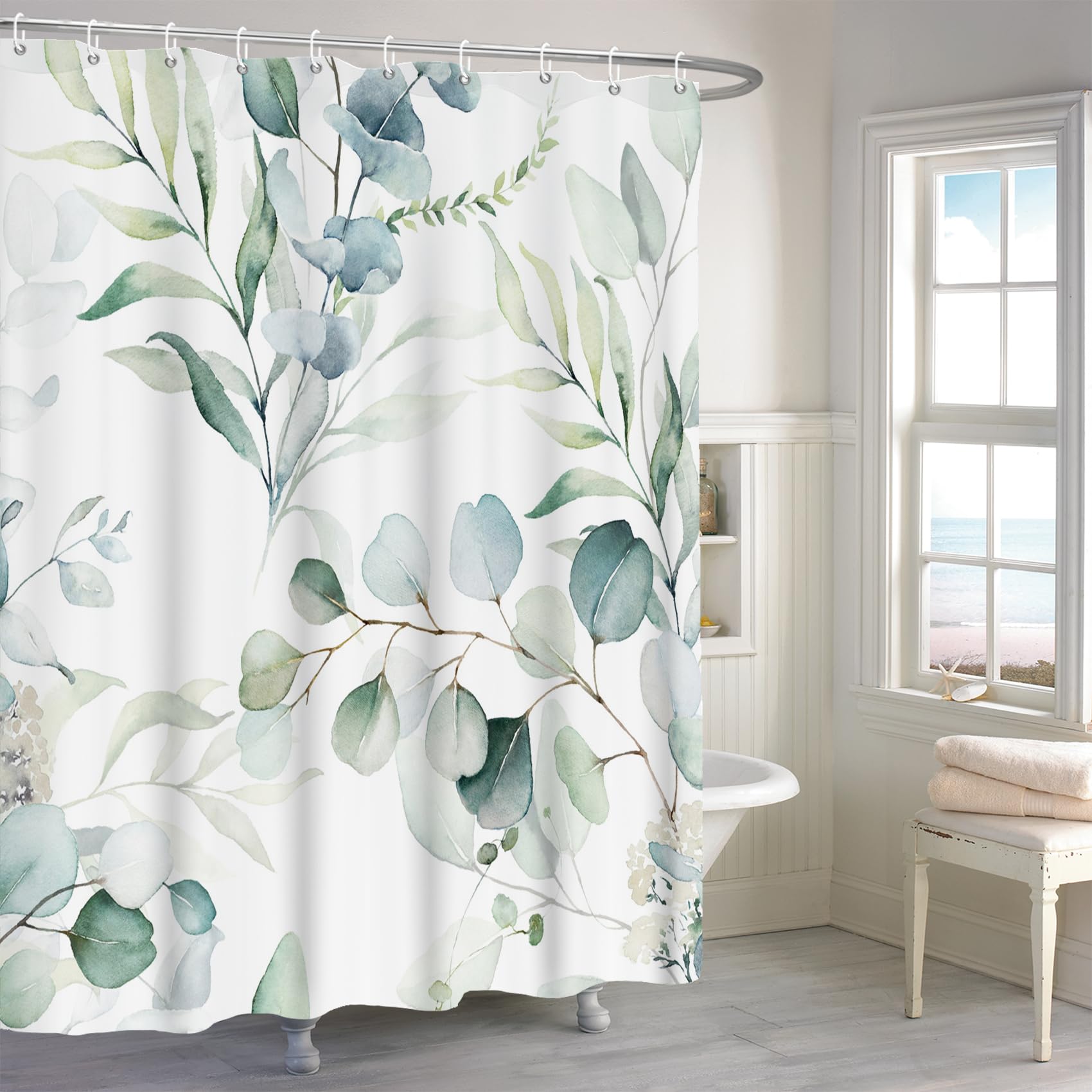 MIRRORANG Green Leaf Shower Curtain, Plants Shower Curtain Set with 12 Hooks, Bathroom Curtains Durable Fabric Machine Washable 71 x 71inch — image 1