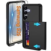 Pilaru for Samsung Galaxy S25 Case with Card Holder and (2 Pcs) HD Screen Protector, Slim Heavy Duty Dual Layer Shockproof Design & Hidden Card Slot Wallet Case for Galaxy S25-Black