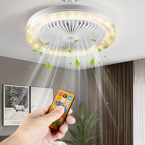 LED Ceiling Light with Fan, Adjustable Angle,30W Dimmable Ceiling fan with Lamp, with Remote Control,Timing and 3 Speeds, E27 Lamp Holder,3000K-6500K for Small Spaces Bedroom Home Office (Unscented)