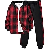 BEEQEARL Boys Two Piece Outfit Clothes Plaid Front Button Down Hoodie Sweatshirt and Jogger Sweatpants Sets