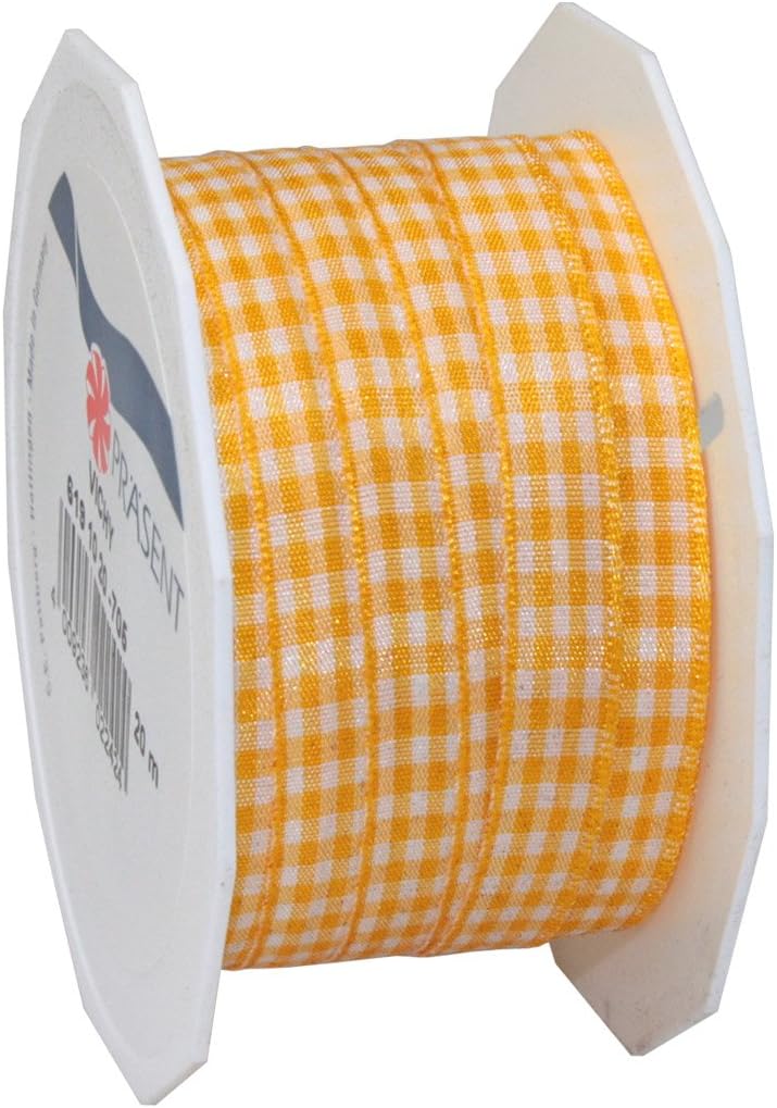 PRÄSENT - Vichy Wired Ribbon Yellow-White 10 mm width, 20 m length, Orange-white, 10mm - 20m