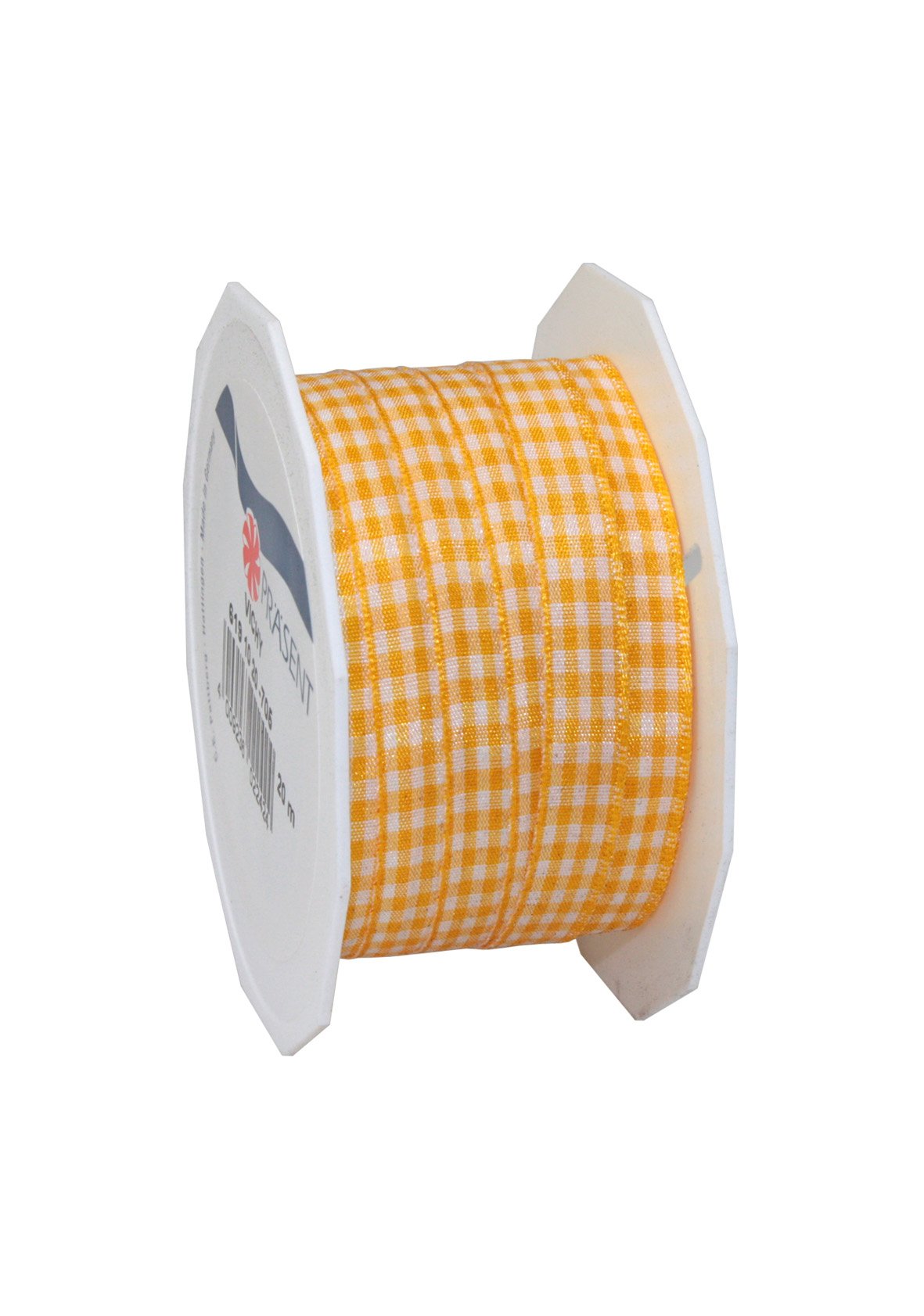 PRÄSENT - Vichy Wired Ribbon Yellow-White 10 mm width, 20 m length