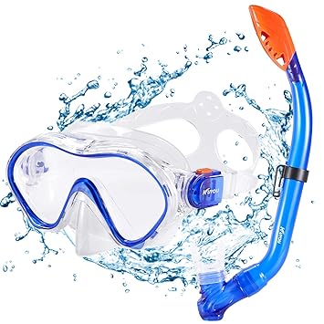 Kuyou Premium Kinder Schnorchelset Taucherbrille mit Schnorchel Tauchset gehärtete Anti-Beschlag Gläser Taucherbrille Wasserd
