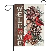 Dyrenson Welcome Winter Cardinal Decorative Garden Flag, Red Bird Pine Cone Yard Outside Home Decorations, Christmas Seasonal Farmhouse Rustic Burlap Outdoor Small Decor Double Sided 12 x 18