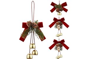 Arrowbash 4 Pcs Christmas Red Velvet Bow with Bells and Cones Xmas Tree Velvet Bow Christmas Jingle Bells Hanger Door Knob Decorations with Pine Cones Pine Needles and Cowbells Ornaments