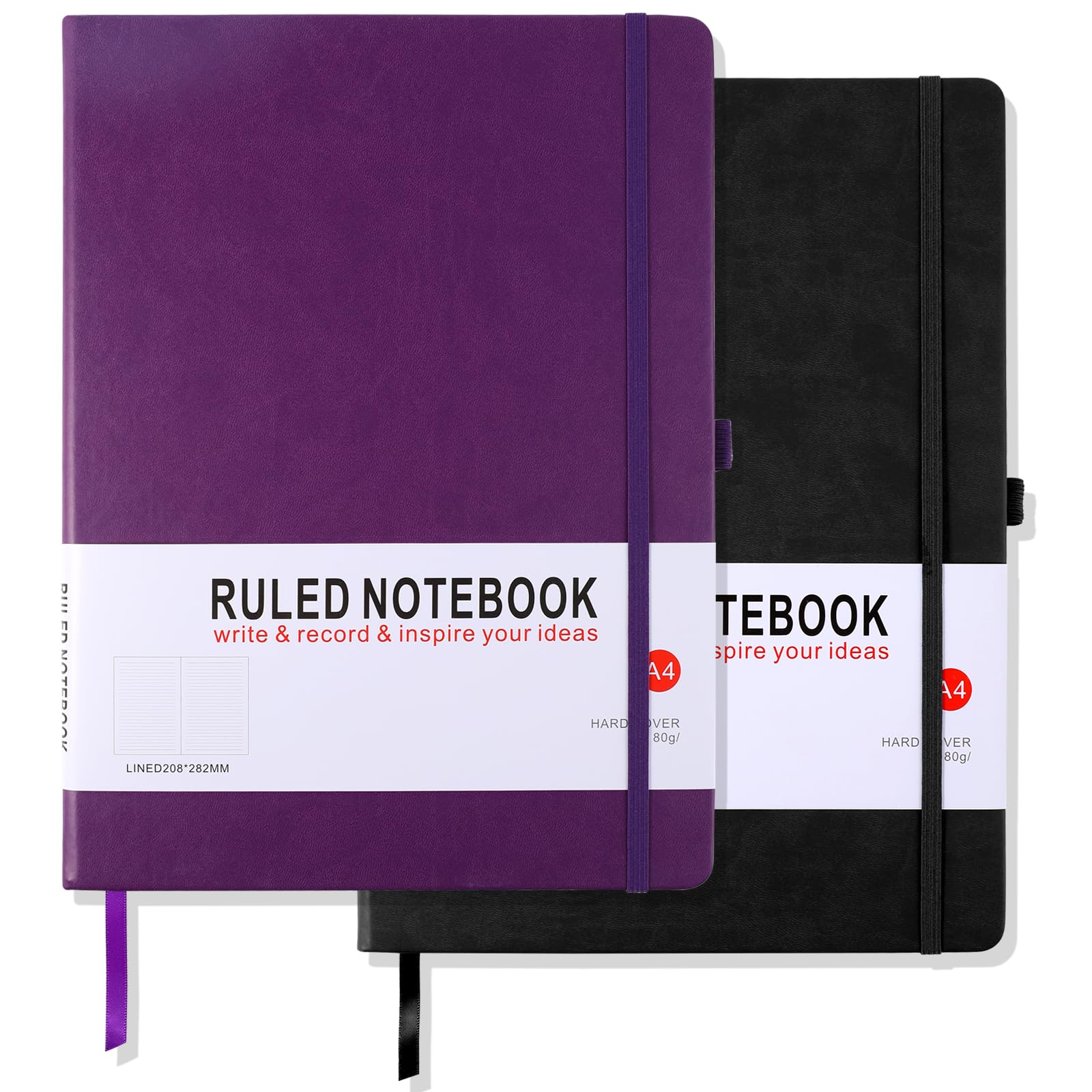 HIJYOO 2 Pack Notebook A4 Lined Journal Notebook Hardcover Notepad A4 with Bookmark, Pen Loop, and Elastic Closure, Note book for Women Men Work Office School, 8.3" X 11.35", (Black+Purple)