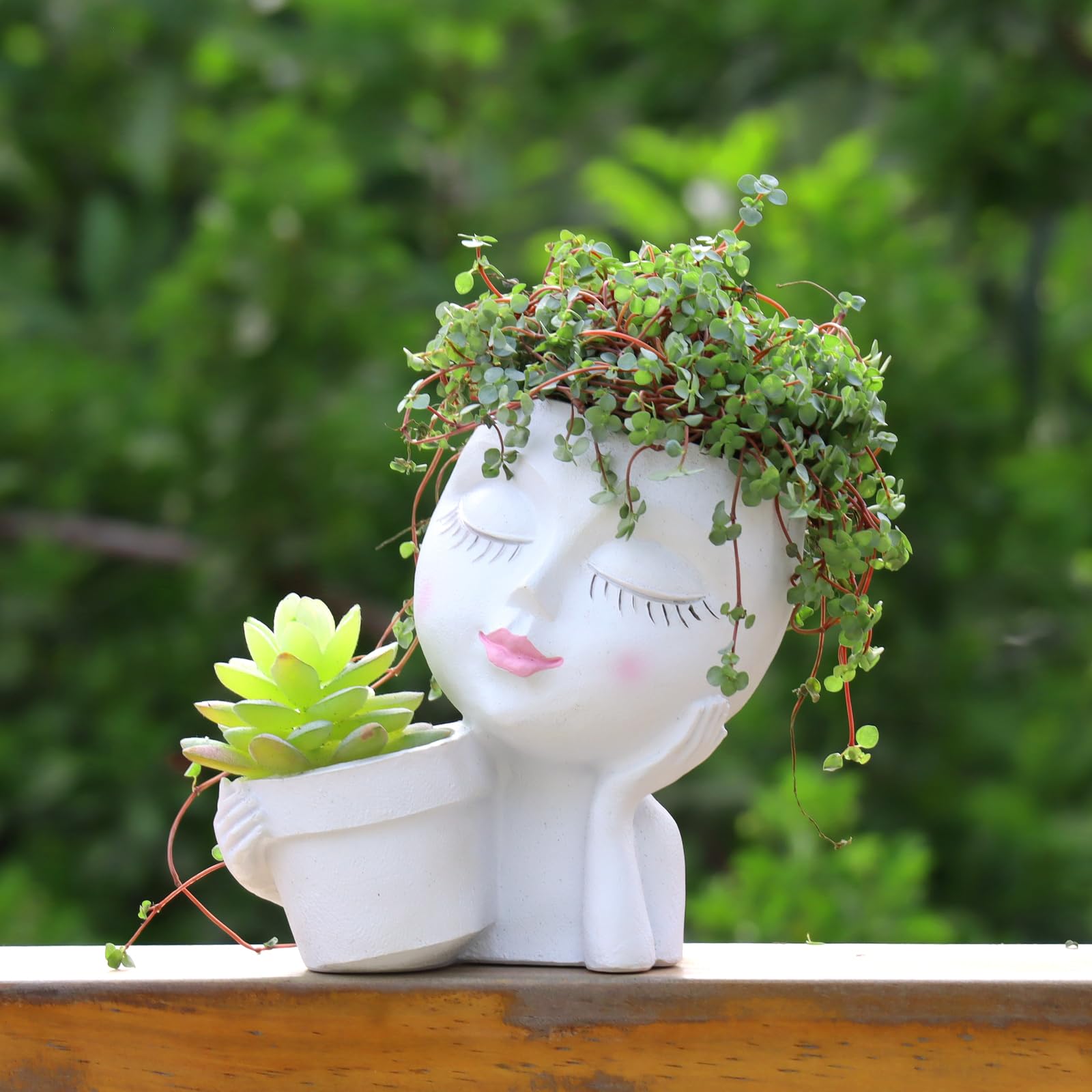 Photo 1 of Meltset M Face Planter, Double Head Planters for Indoor Outdoor Plants, Unique Resin Flower Pots with Drainage Holes for Succulent & Cactus, Idea Gift (White Lady)