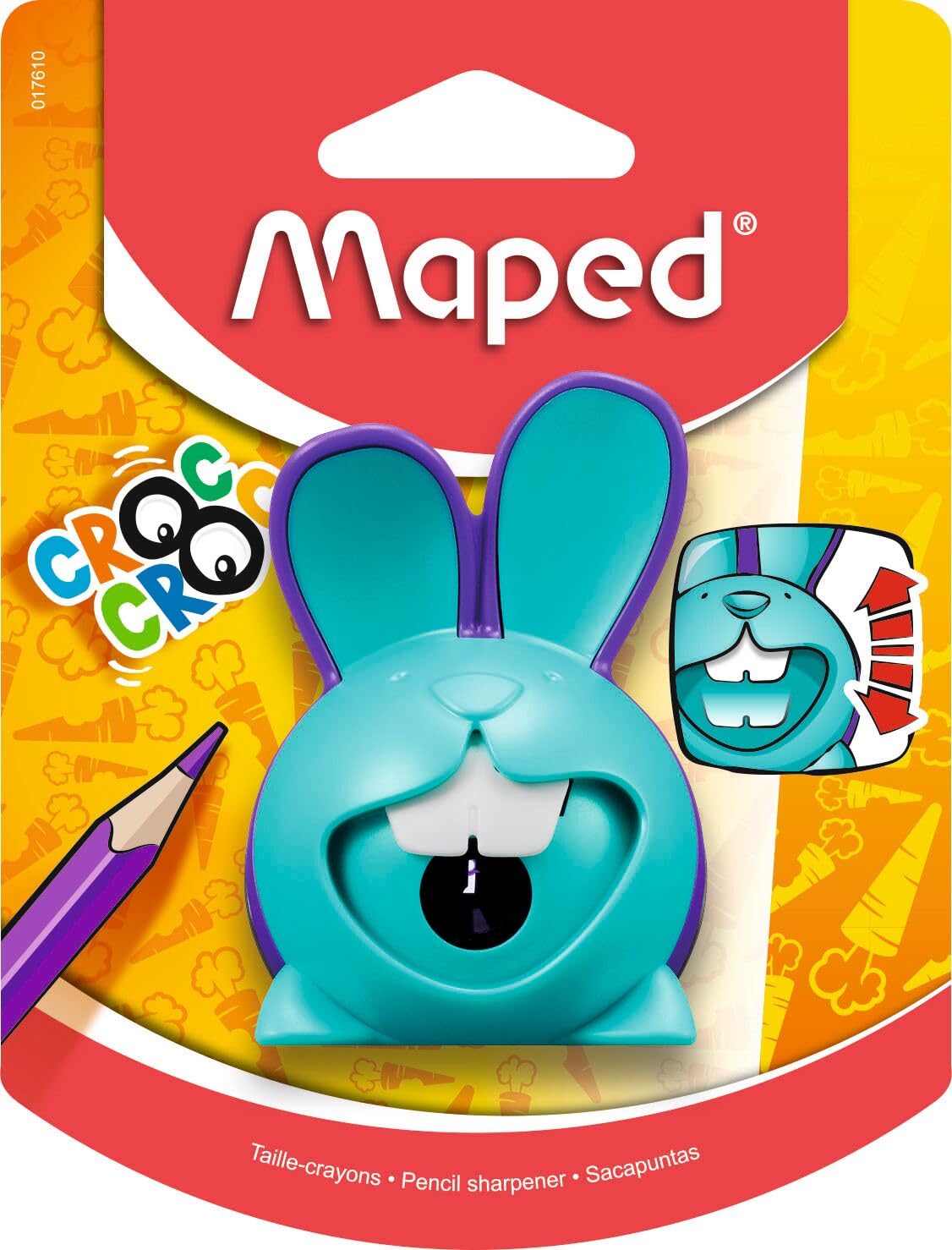 Maped CROC CROC Rabbit Pencil Sharpener - For Thin Pencils, With Box - Turquoise/Purple, Green/Turquoise, Pink/Green, 1 Piece