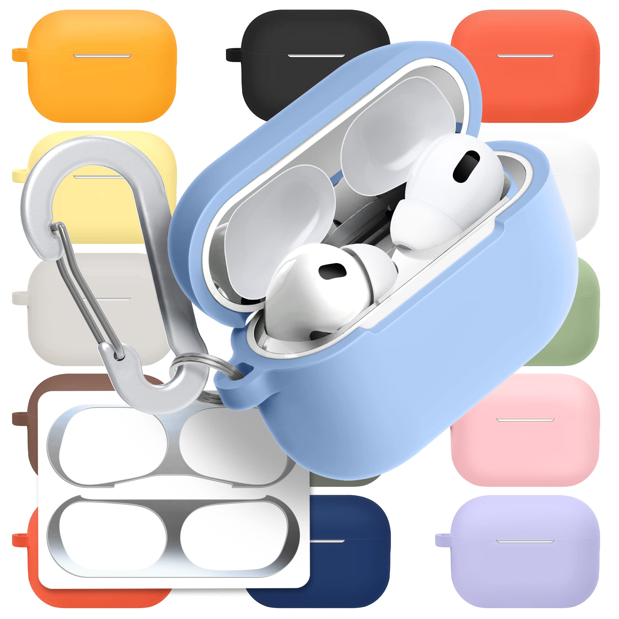 superdivision [3 in 1] AirPods Pro 2 Silicone Case + Anti-Lost Carabiner + Dust Guard Metal Film, Protective Cover with Keychain for Apple AirPods Pro 2 (2022) [Front LED Visible] (Sialia)