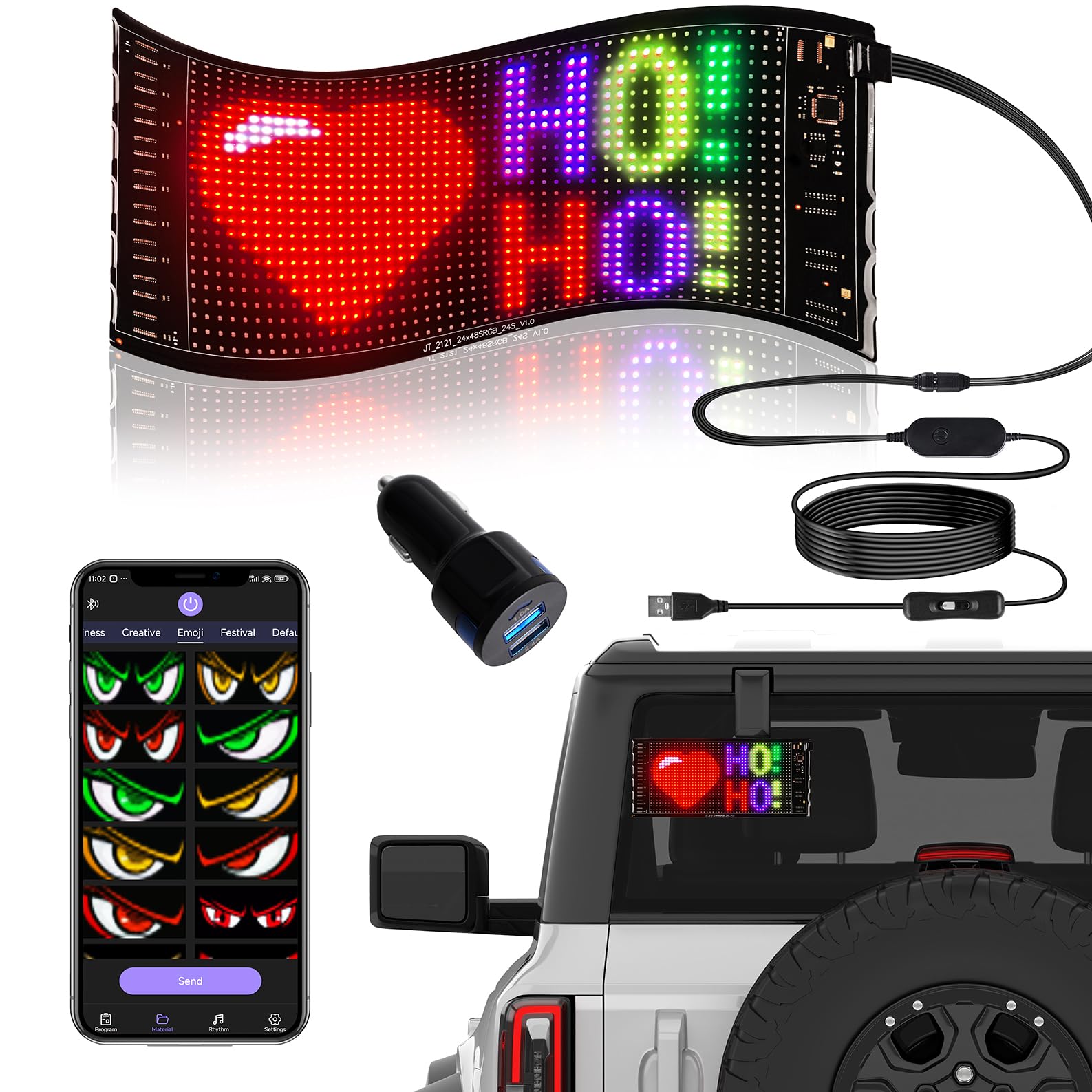 Photo 1 of 10.6''x4.7'' Programmable LED Sign with Bluetooth App Control, Custom Text & Animation, Double Row Bright RGB Display for Car Windows, Store, Bar - Flexible USB 5V LED Matrix Panel