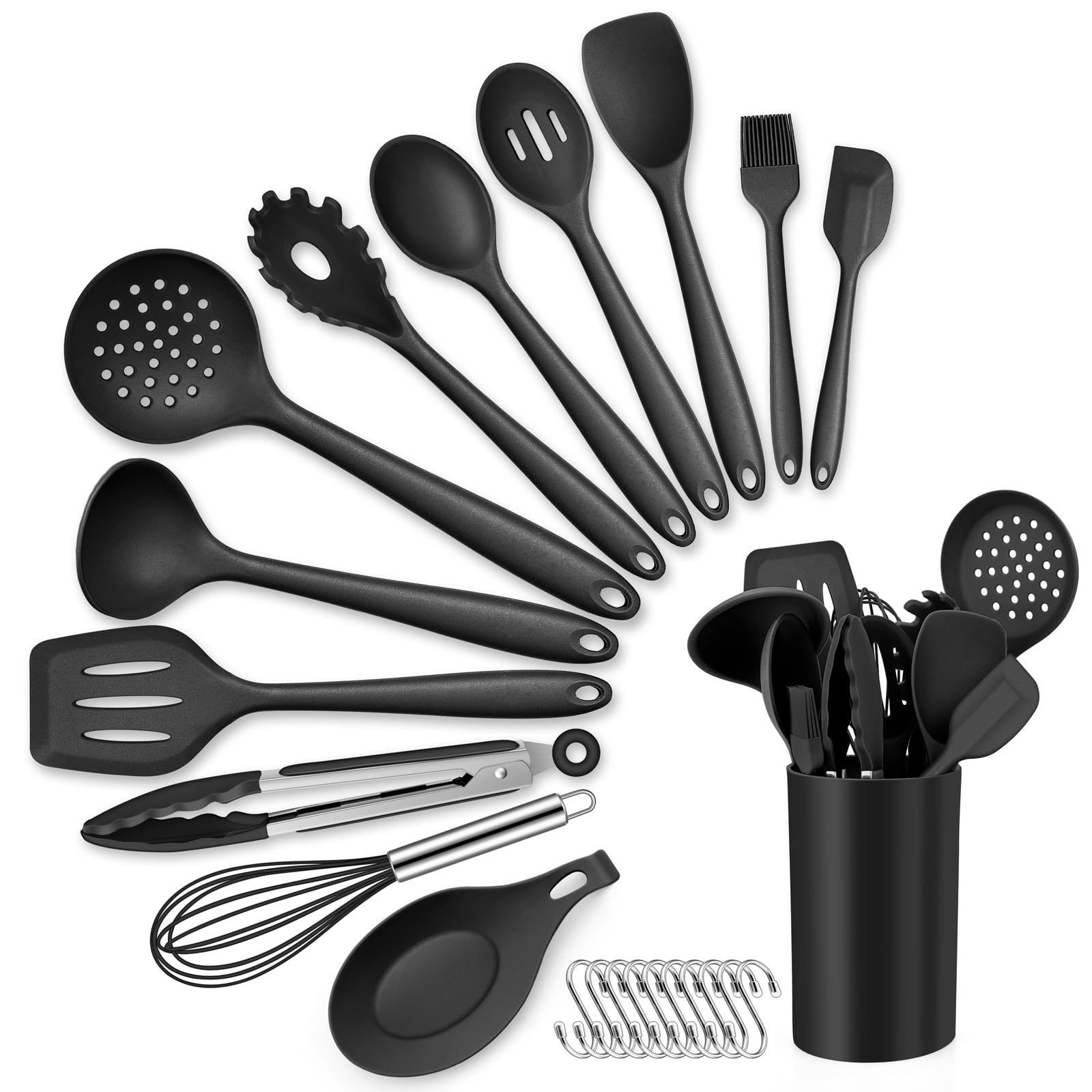 Kitchen Utensils Set, HaWare 13 Piece Silicone Cooking Utensils Set with Holder, Kitchen Tools Include Turner Spatula Spoon, Non-Stick Cookware Friendly & Heat Resistant, Dishwasher Safe-Black