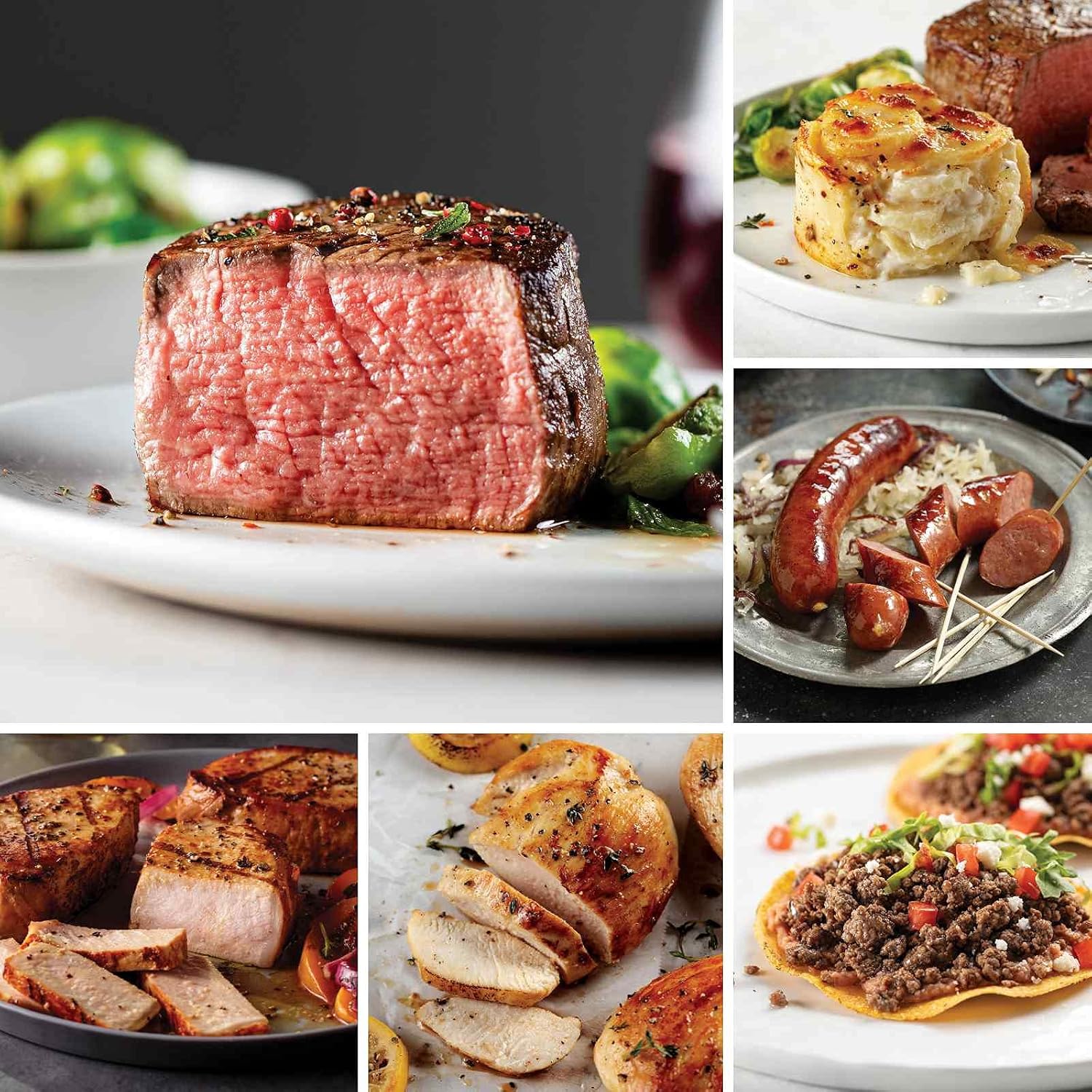 Grill Ready Assortment from Omaha Steaks (Butcher's Cut Filet Mignons, Boneless Pork Chops, Boneless Chicken Breasts, Premium Ground Beef, Kielbasa Sausages, Individual Scalloped Potatoes, and more)