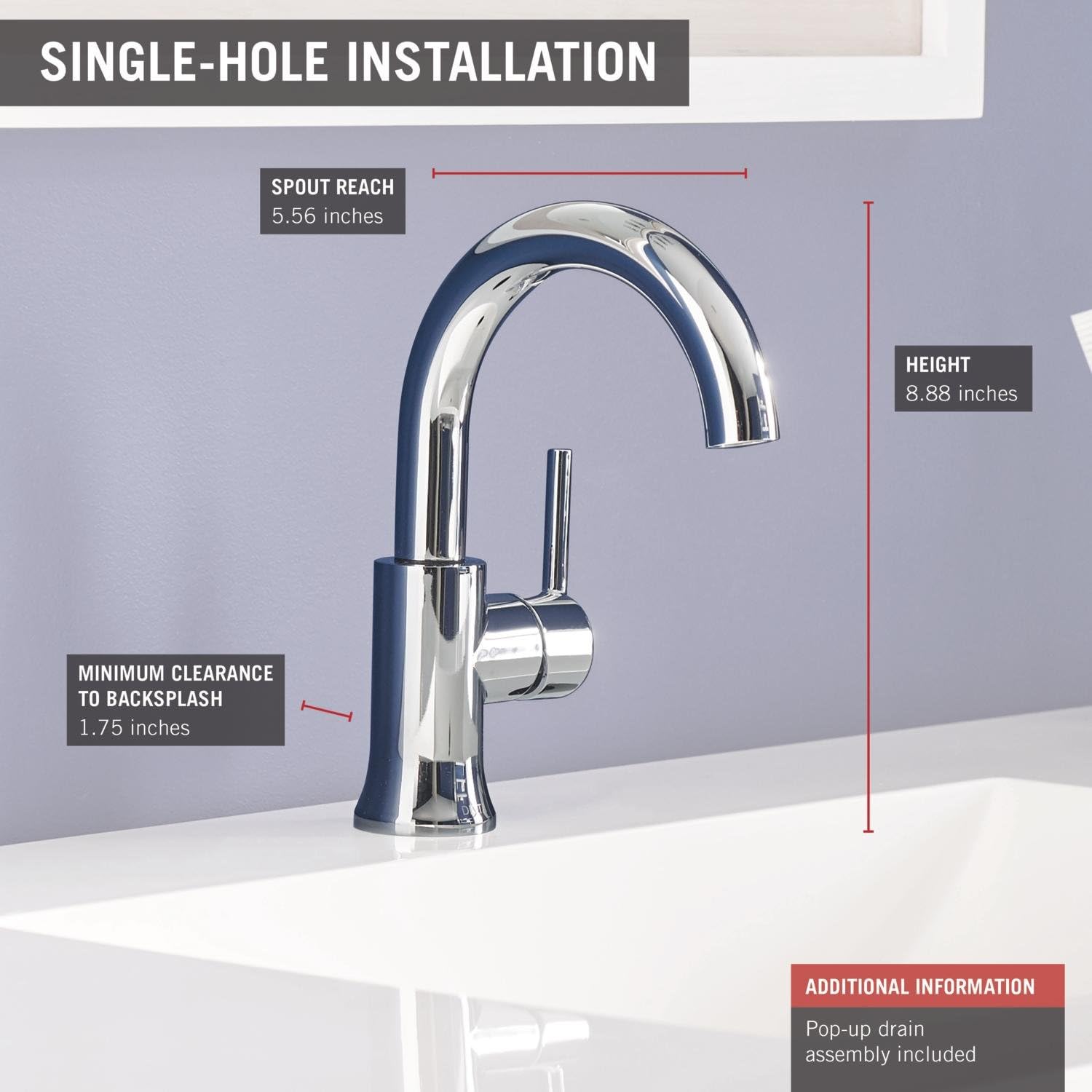 Delta Faucet Trinsic Single Hole Bathroom Faucet, Single Handle Bathroom Faucet Chrome, Bathroom Sink Faucet, Diamond Seal Technology, Drain Assembly, Chrome 559HA-DST - - 