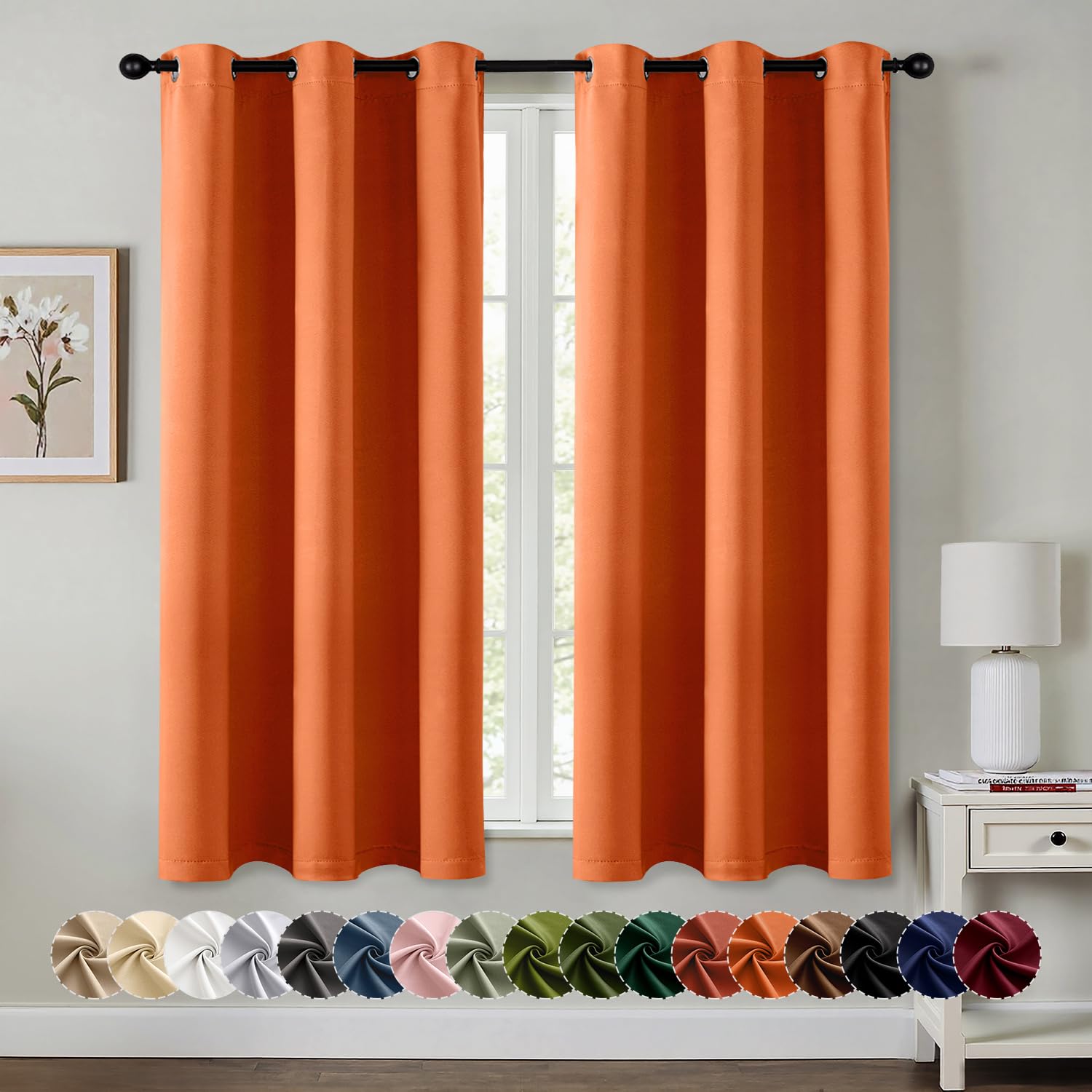 Photo 1 of MIULEE Orange Blackout Curtains for Bedroom Living Room 63 Inches Long 2 Panels, Fall Thermal Insulated Room Darkening Drapes Solid Grommet Noise Reduction Light Blocking Window Treatments 40x63 Inch
