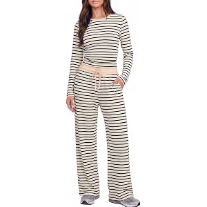 Casly Lamiit Womens 2 Piece Lounge Set Soft Knit Color Block Travel Outfits | Long Sleeve Side Ruched Top, Drawstring Wide Le