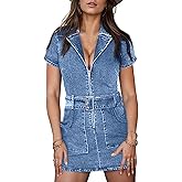 HUEOBIR Womens Denim Dresses Cowgirl Zipper Front Belted Sexy Mini Casual Jean Dress with Pockets