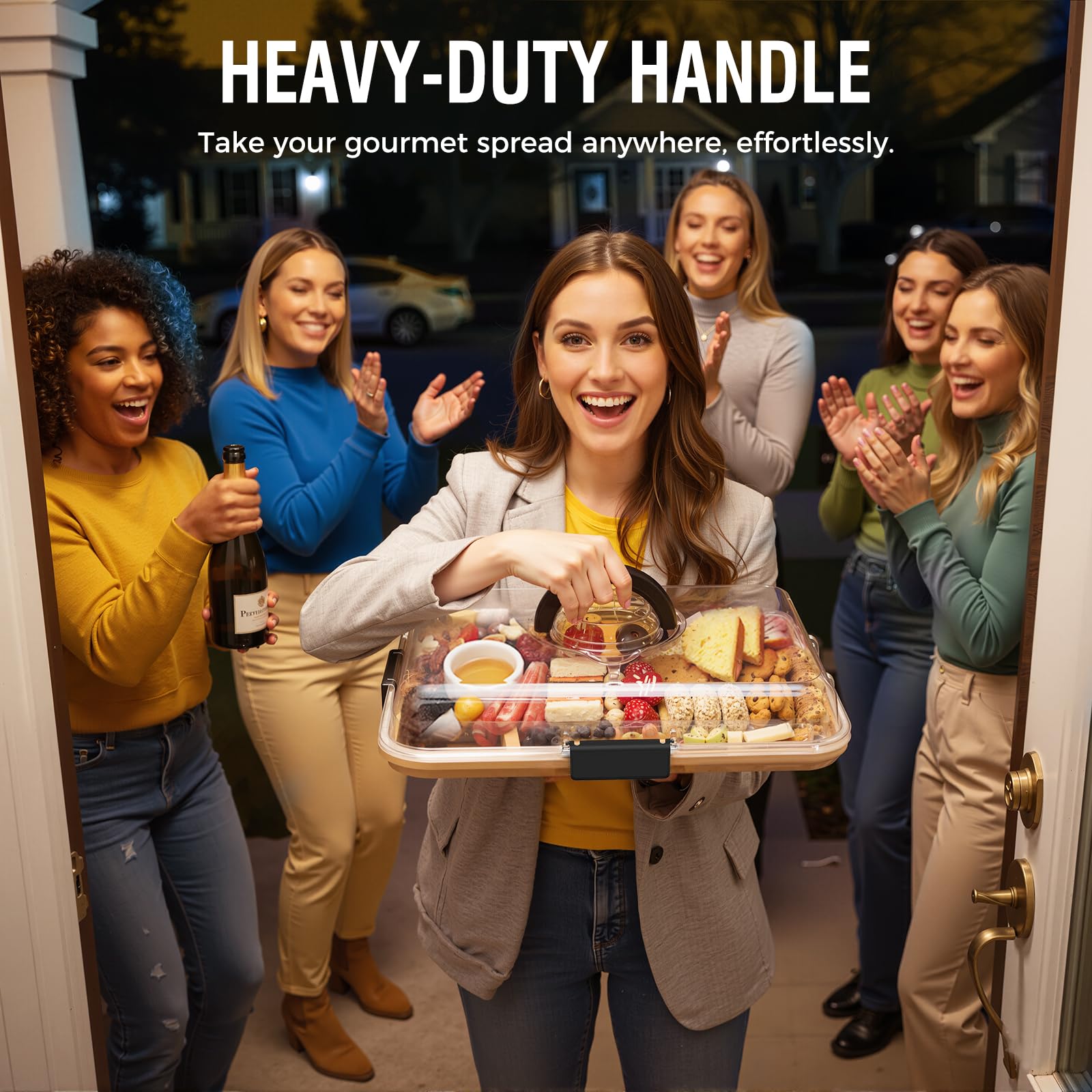 Renmxj Charcuterie Board with Clear Lid, Travel Portable Cheese Board Charcuterie Boxes Cutting Boards for Kitchen, House Warming Gifts New Home, Gifts for Women (6 Compartments Black)