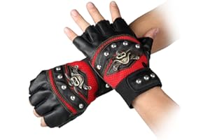 Coolwife Steampunk Gothic Gloves Mens Vintage Geuuine Leather Captain Fingerless Biker Mittens (B Red)