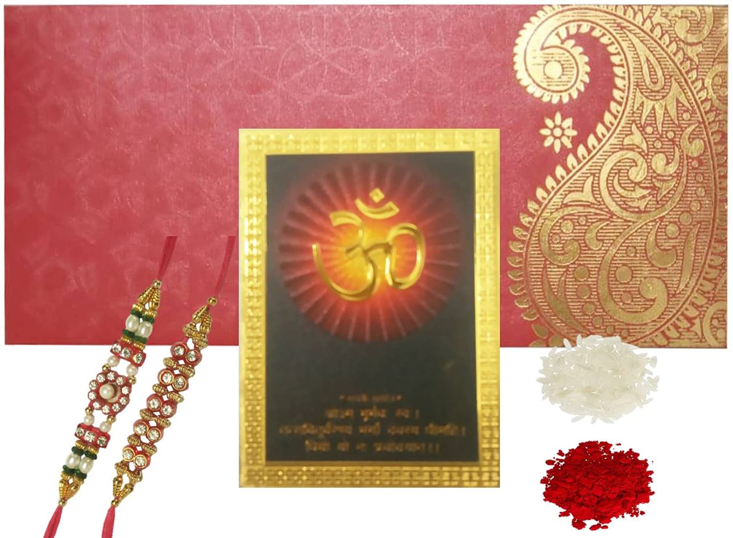 Purpledip Bhai Dooj Rakhi Set for Brother: 2 Rakshabandhan Bracelets, Om Gayatri Mantra Sticker, Roli Chawal Tika (rakhi80b)