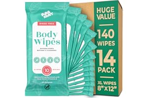 PIPA MINT Body Wipes - (14 Pack) - 140 XL Bath Wipes for Adults No Rinse, Adult Wipe for Elderly - Body & Face Gentle Skin Cleansing, Shower Wipe Bathing for Travel, Elderly, Car, Gym, Camping (8x12 Inch)
