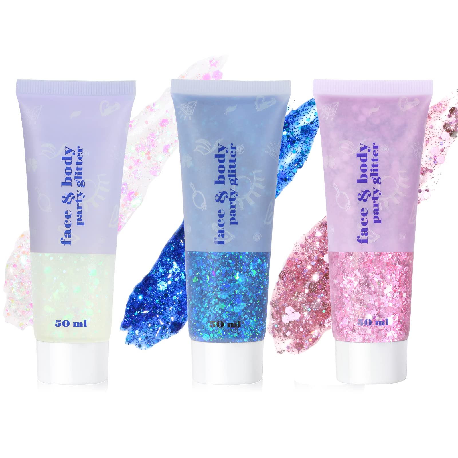 URAQT Body Glitter Gel, 3Pcs 50ml Holographic Mermaid Sequins Chunky Cosmetic Face and Sparkling Festival Party Lotion Eye Hair Nail DIY Art (A), White ＆ Blue Pink