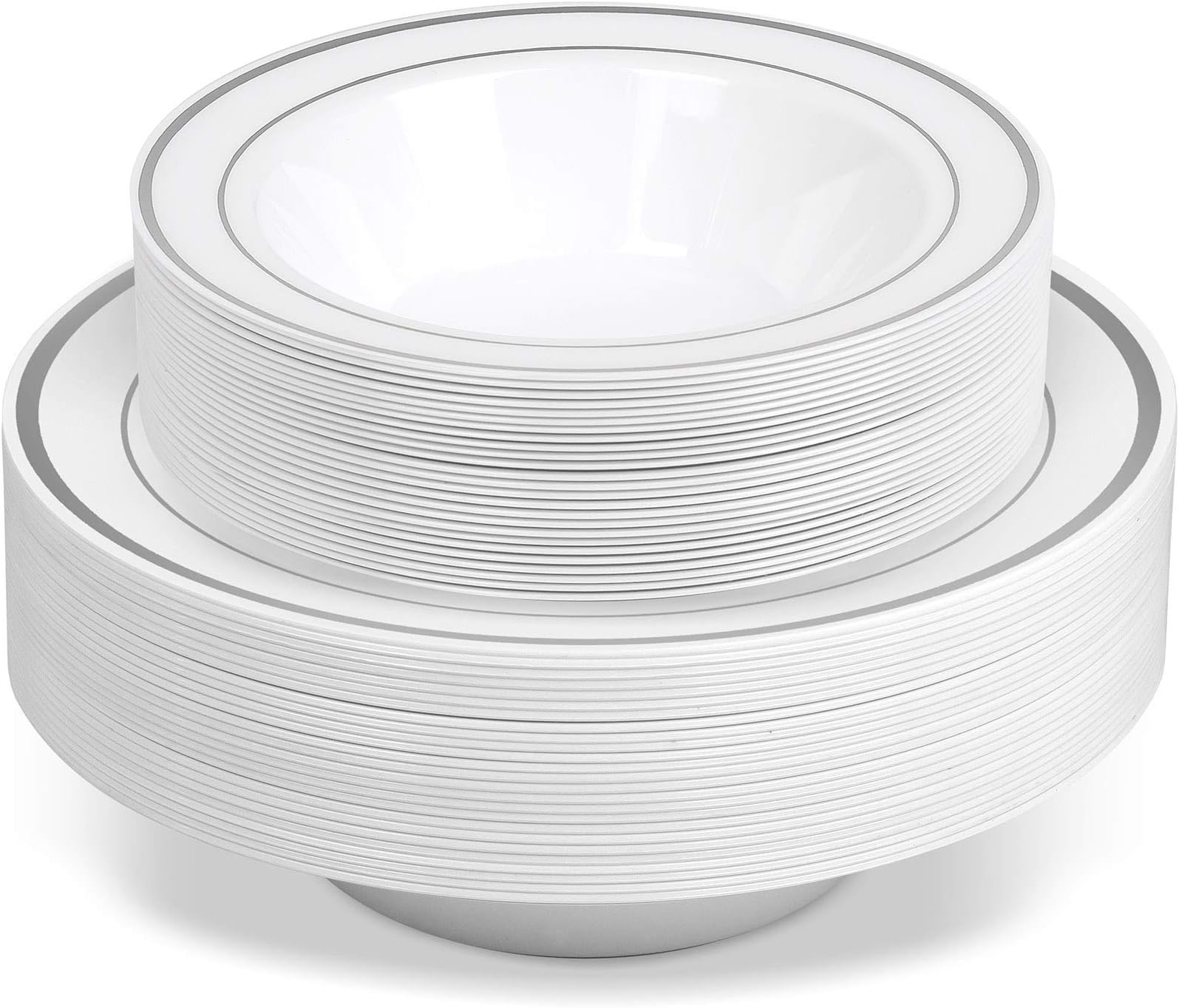 50 Disposable White Silver Rimmed Heavy Duty Plastic Bowls | 25 14 oz. Soup Bowls and 25 6 oz. Dessert/Appetizer Bowls | Premium Combo Disposable Dinnerware with Real China Design | Great for Parties