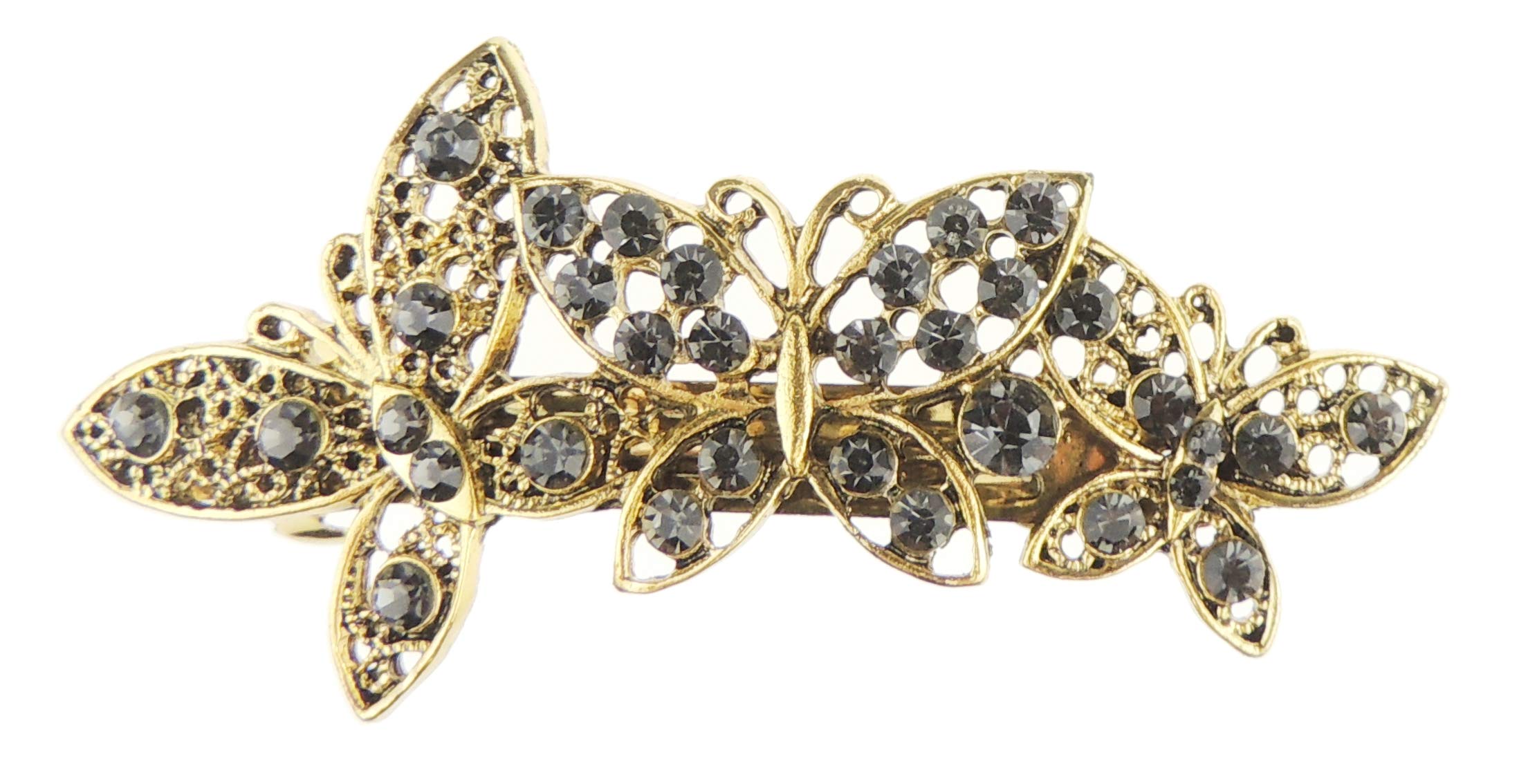 Womens Girls Crystal Rhinestone Diamante Wedding Birthday Party Evening Ponytail Fine Hair Accessories Occasion Barrette Hairpin Grip French Spring Vintage Look Clip Butterfly (Gold Dark Grey)