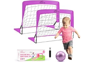 OKWUYIK 4Pcs Soccer Goals Set 2Pcs Soccer Nets 2x1.5ft 1Pcs Ball 1Pcs Pump Indoor Soccer Nets for Kids with Size 2 Toddler Soccer Ball Foldable Net with Pump Pink Purple for Children Boys Girls