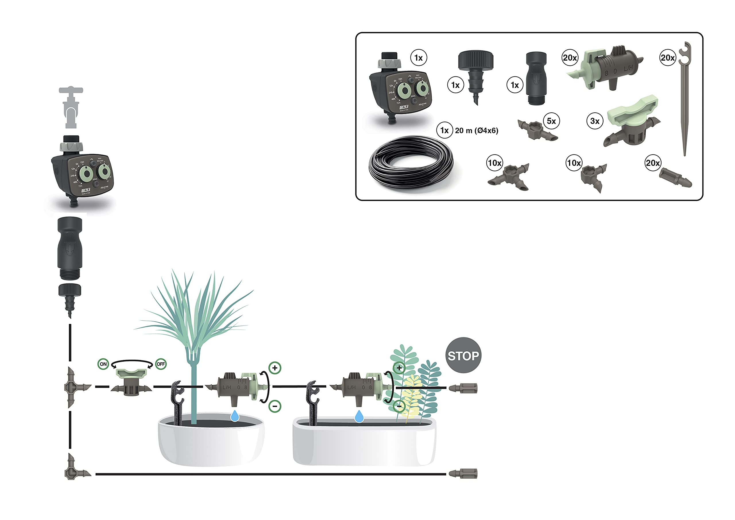 KIT 20 DUE.5 RECO Recycled Plastic Drip Irrigation 20 m with Controller Made in Italy