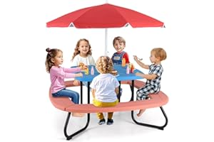 CLEEMAN 8 Seat Kids Picnic Table, Kids Outdoor Table with Removable Umbrella & 4 Built-in Benches, Fits 8 Children, Indoor Outdoor Toddler Picnic Table for Backyard Lawn & Patio (Blue+Red)