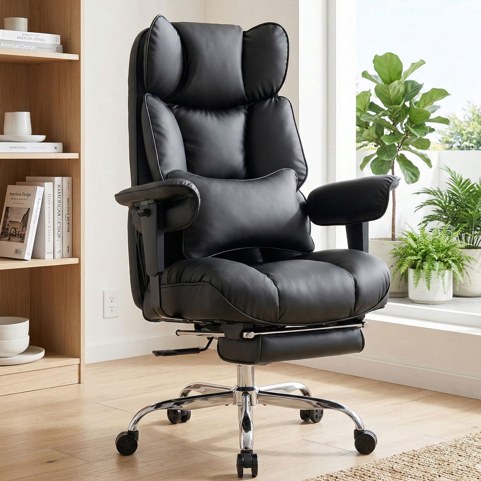 Photo 1 of Efomao Big and Tall Office Chair 350lbs - Heavy Duty Reclining Desk Chair with Footrest, Spacious High Back PU Leather Executive Chair, Double-Layer Spring Support, Black