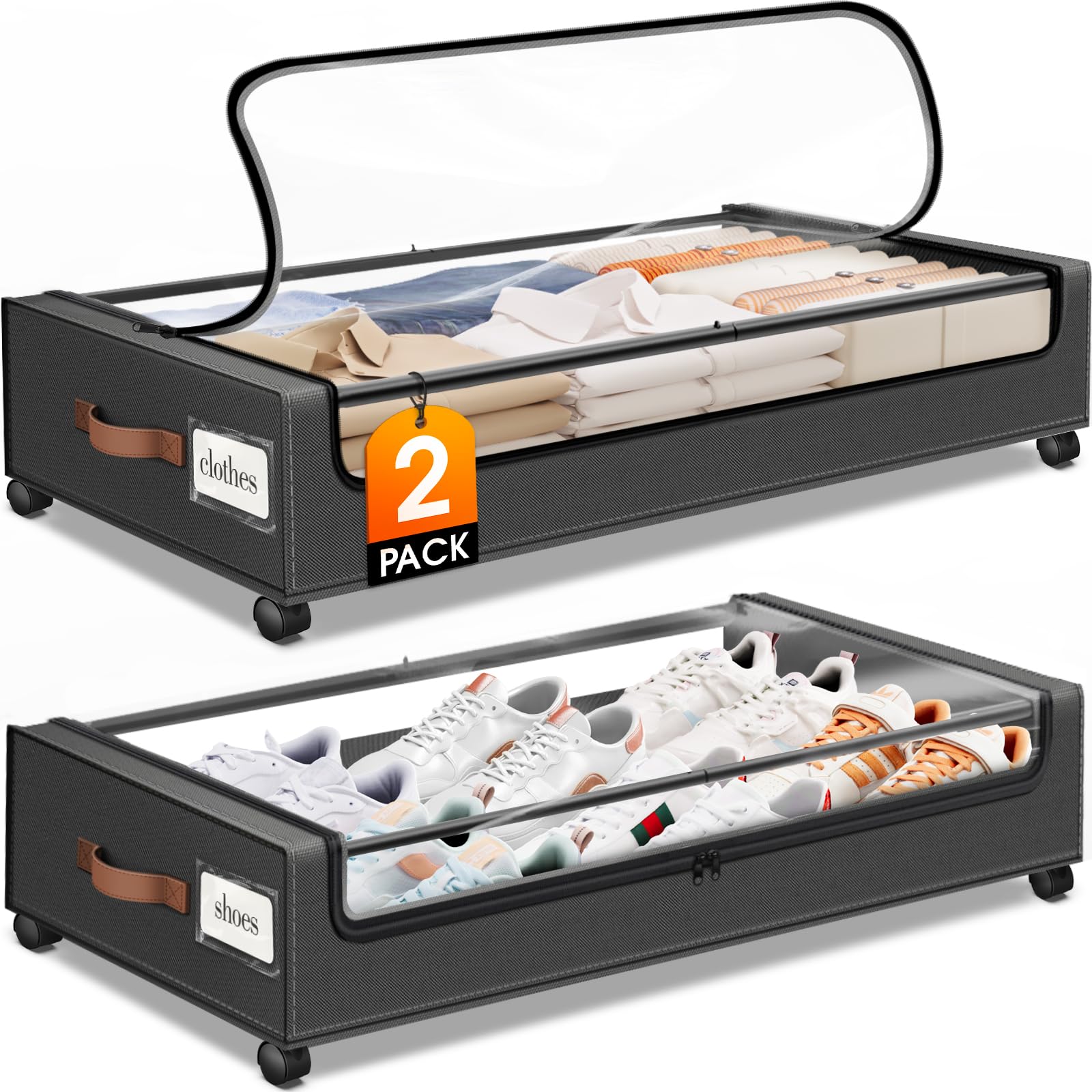 Photo 1 of SpaceHacks Under Bed Storage with Wheels 2Pack Storage Containers with Clear Window&Label Under Bed Drawers Rolling Under Bed Storage for Clothes,Shoes, Blankets (30.71 x 16.93 x 6.69 in, Dark Grey)
