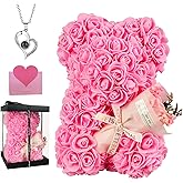 Valentines Day Rose Bear Gift for Women, Flowers Gifts for Mom Wife Grandma Daughter Friends Sister Her,Artificial Flowers Teddy Bear with Bouquet,Greeting Card,Mother's Day Birthday Christmas