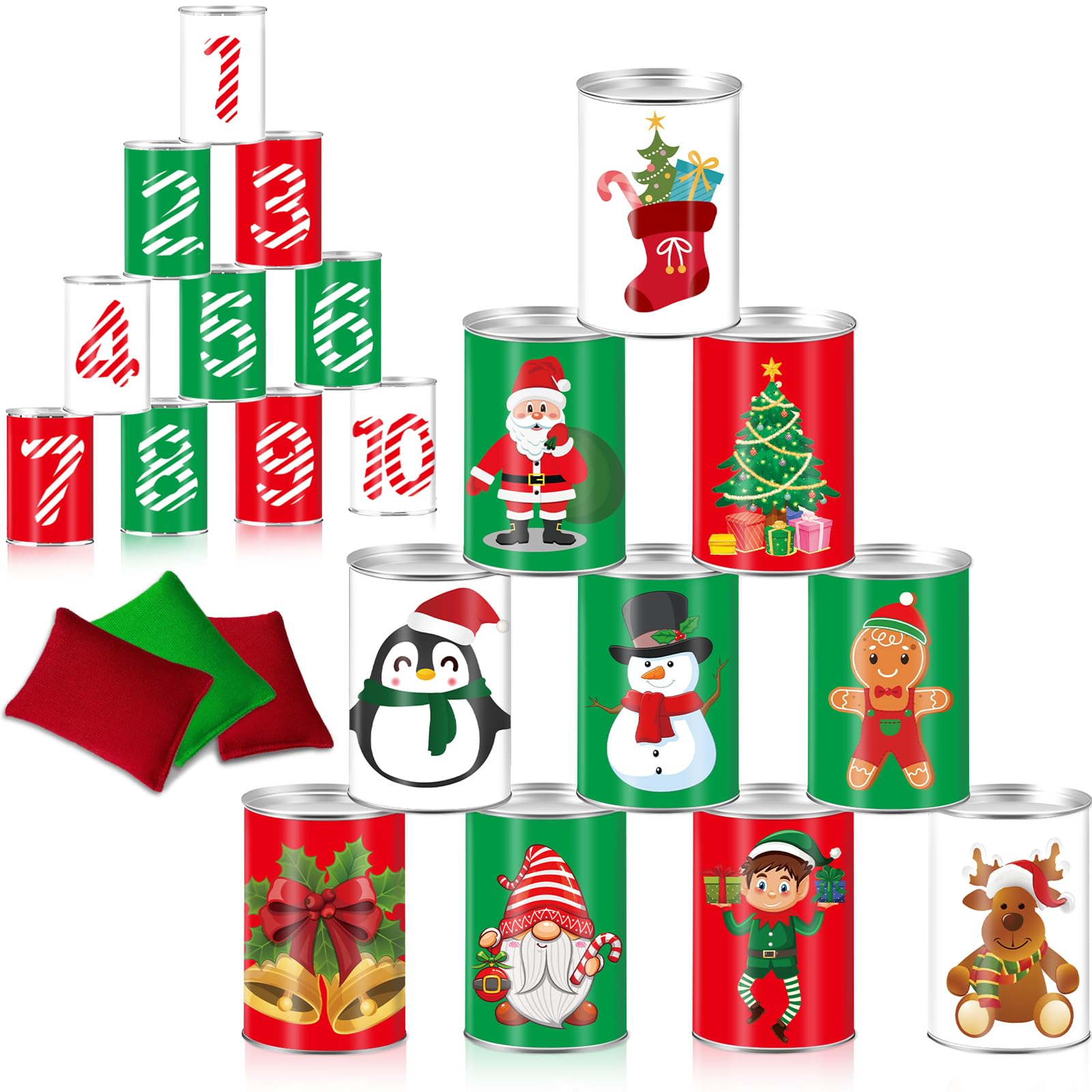 Photo 1 of 13 Pcs Christmas Can Toss Game Christmas Carnival Game Includes 10 Tin Cans and 3 Beanbags for Xmas Festive Holiday Family Party Supplies Garden Yard Lawn Indoor Outdoor