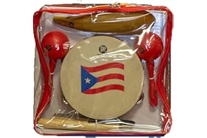 DP Music Parranda Kit Percussion with Carrying Bag - Puerto Rico Flag 8 Inches Tambourine - Claves - Plastic Güiro & Maracas (Maracas Red)