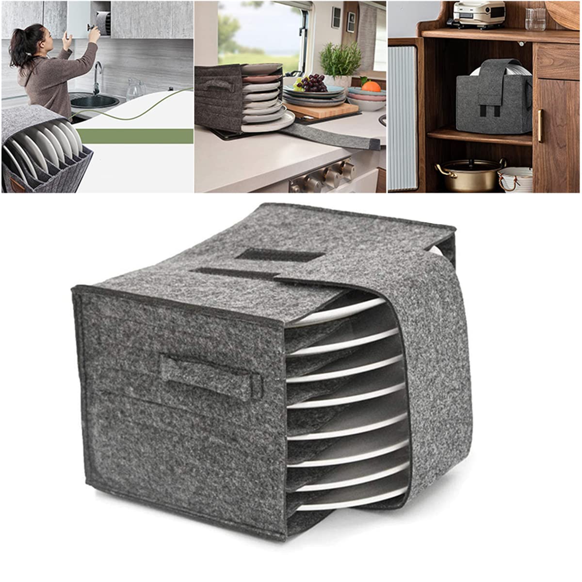 Caravan Plate Holder Camping Dinnerware Storage Felt Bag with Handles Hard Platter Containers Case 8 Plates for Protecting Motorhome Cupboard Kitchen Cookware