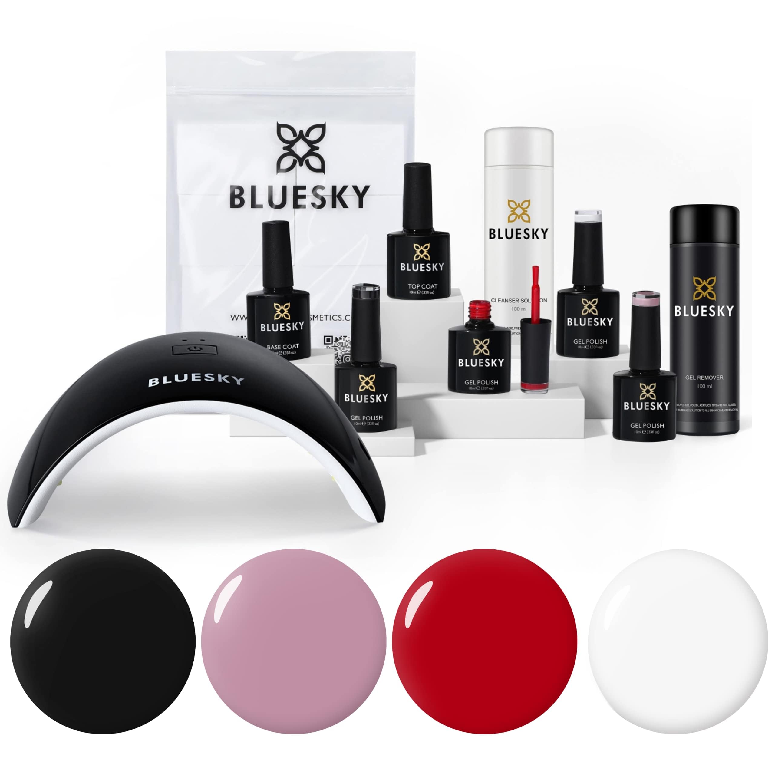 Bluesky Professional Gel Nail Polish Starter Kit With 24W Uv Led Lamp, Top & Base Coat, 4 Gel Nail Polishes - Red, Black, Pink, White, Cleanser & Acetone Remover, Lint Free Wipes