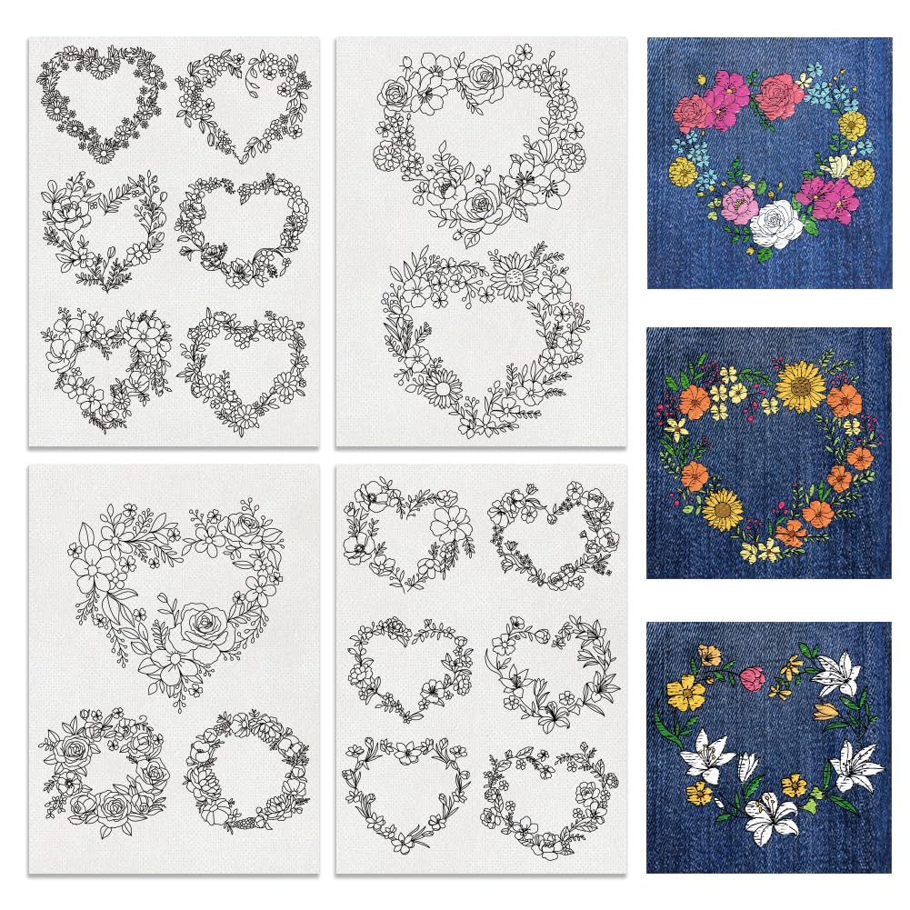 BENECREAT 4Sheets 15Pcs Heart Wreath Water Soluble Embroidery, 29.7x21cm Flower Garland Stick and Stitch Embroidery Paper Stabilizer Water Soluble Hand Sewing for Shirts, Coats, Bags